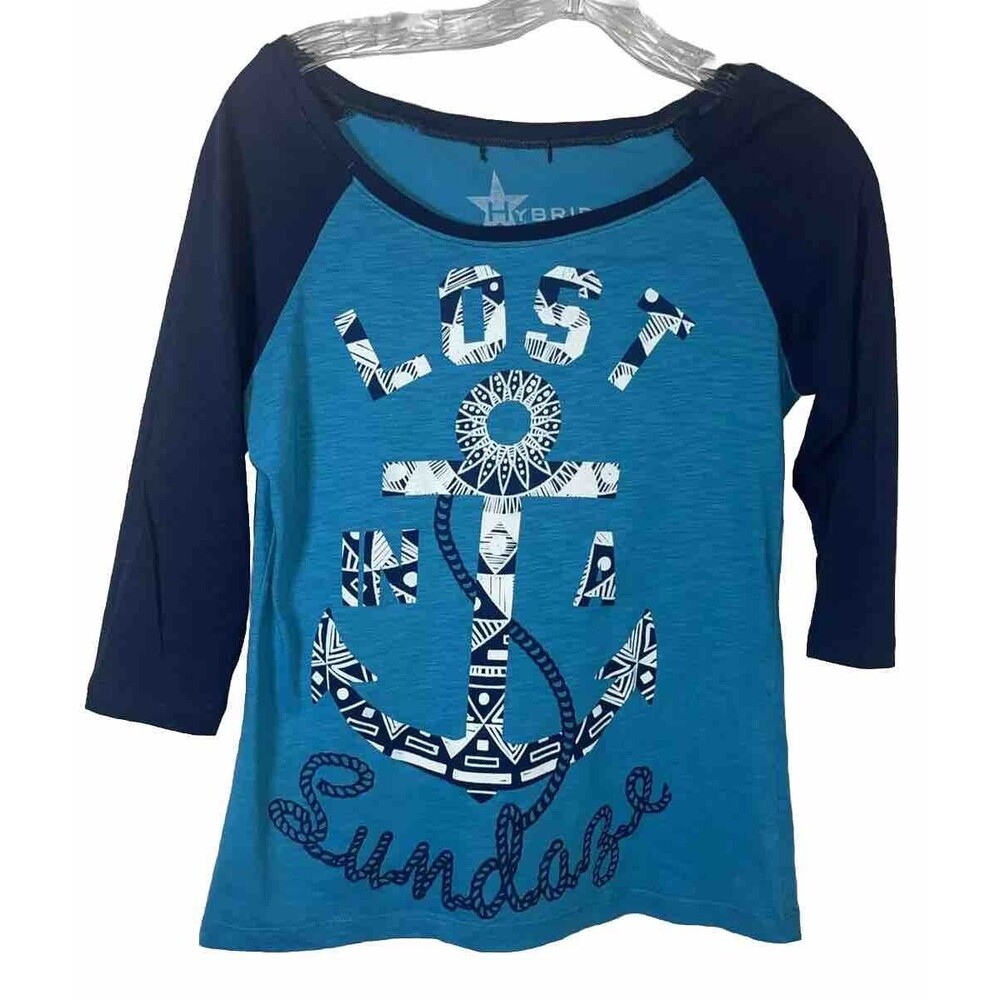 Hybrid Apparel Juniors Girls Size L Blue Graphic T-shirt Size L Anchor Coastal
